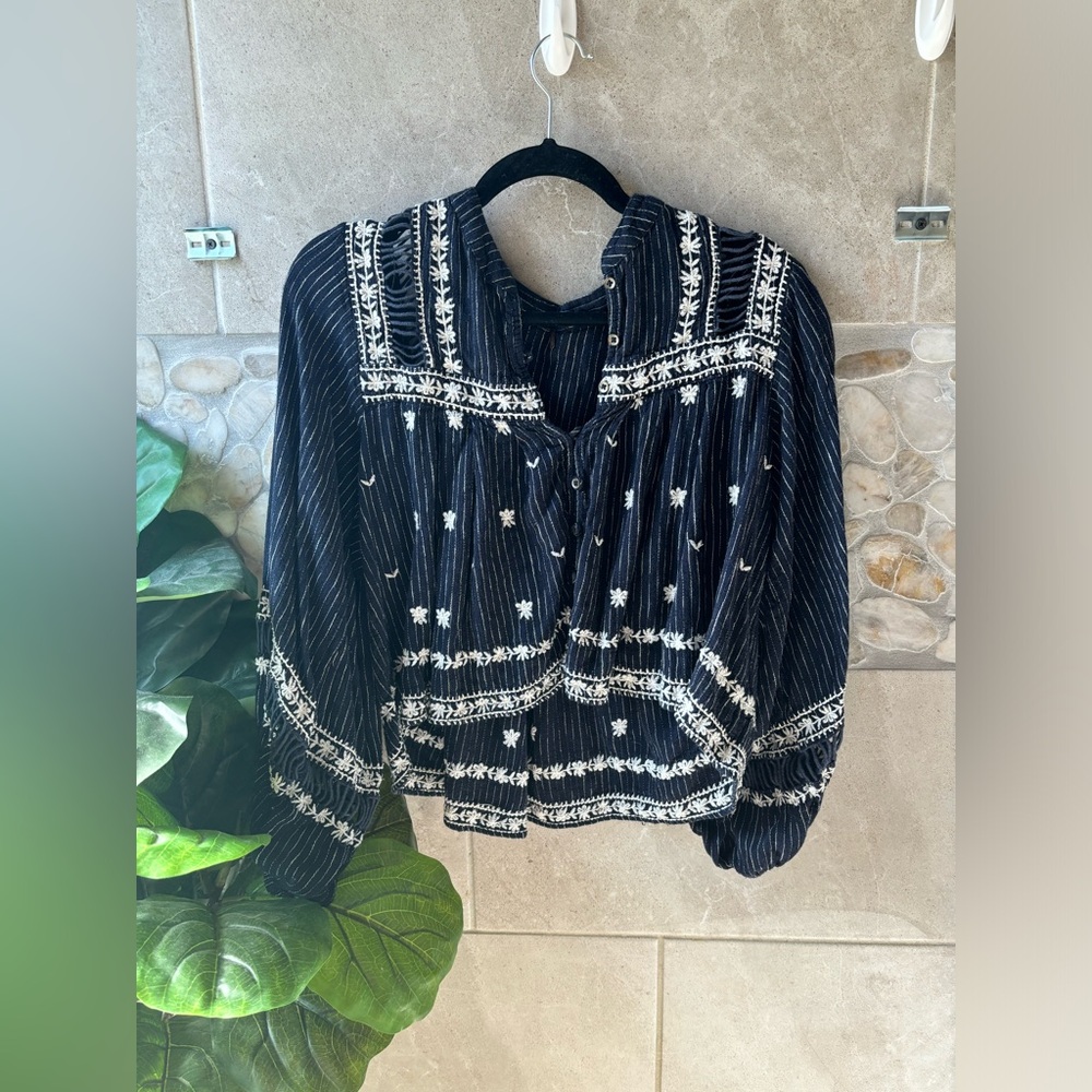 Free People All Roads Lead To You Peasant Top- Navy Blue And White